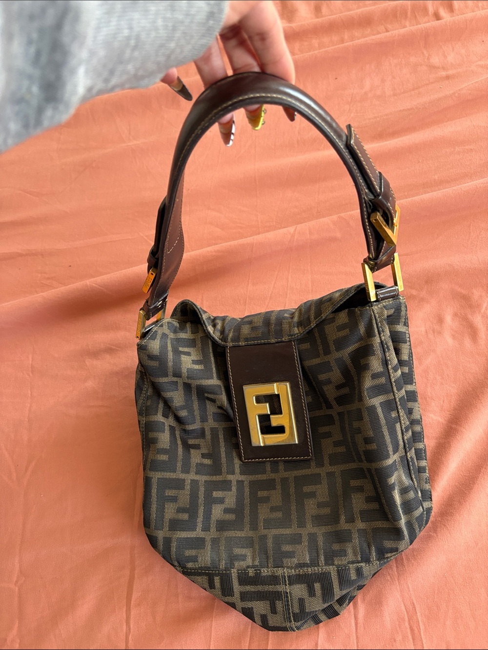 Fendi Black and Brown Zucca Canvas Shoulder Bag with Gold Hardware